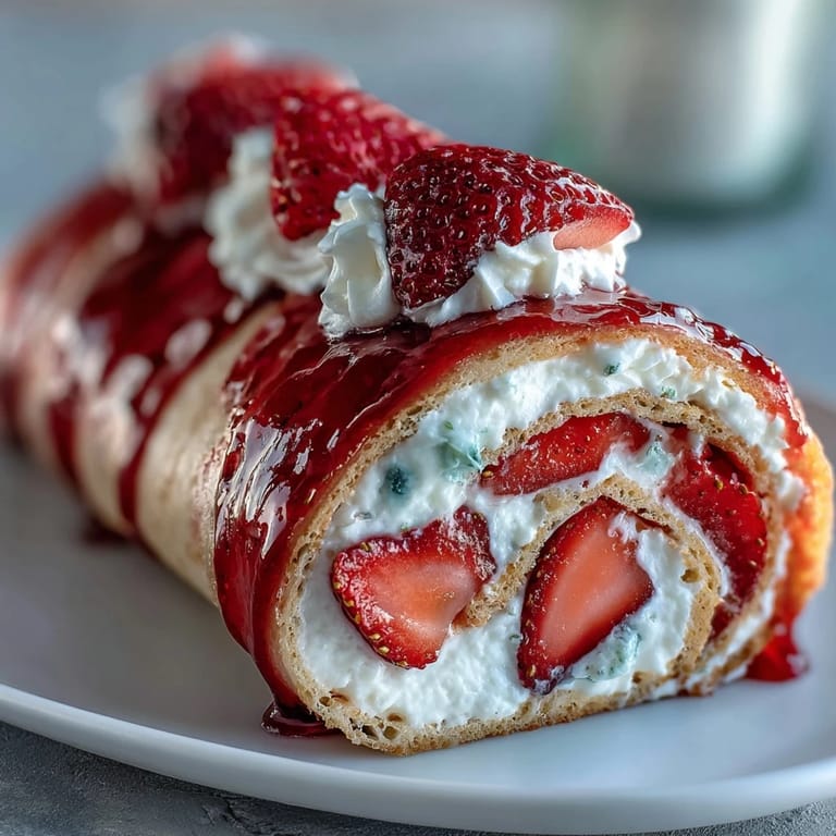 Inside a plated Strawberry Shortcake Sushi Roll, fluffy sponge cake and ripe strawberries peek through velvety whipped cream.