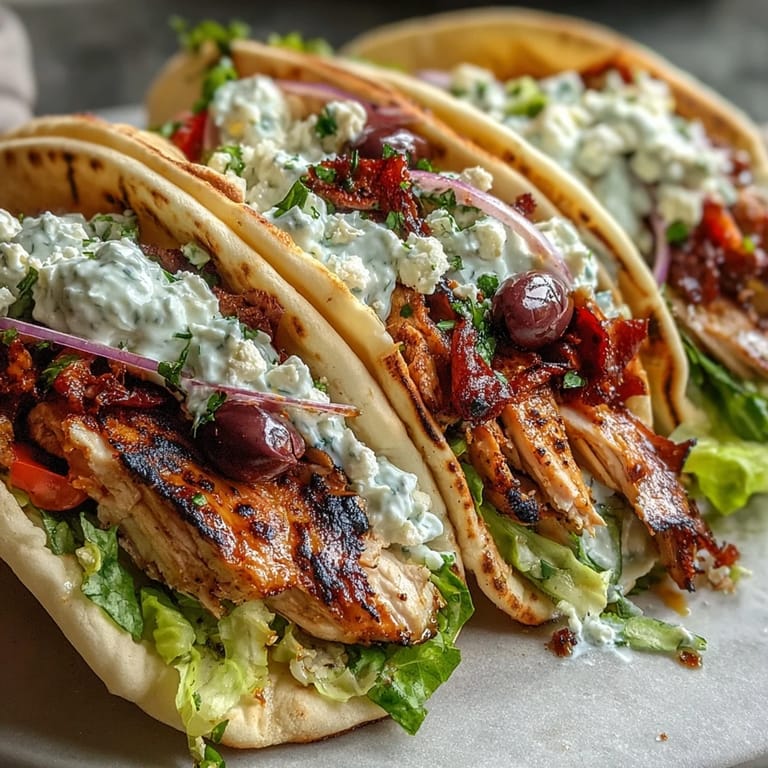Mediterranean Chicken Gyros with Creamy Feta Tzatziki stacked in a pita with lettuce, tomato, and olives. 