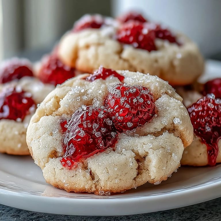 A close-up view of Soft Chewy Raspberry Sugar Cookies shows a chewy interior texture with juicy raspberry pieces and a sparkly, pink-tinged sugar crust.