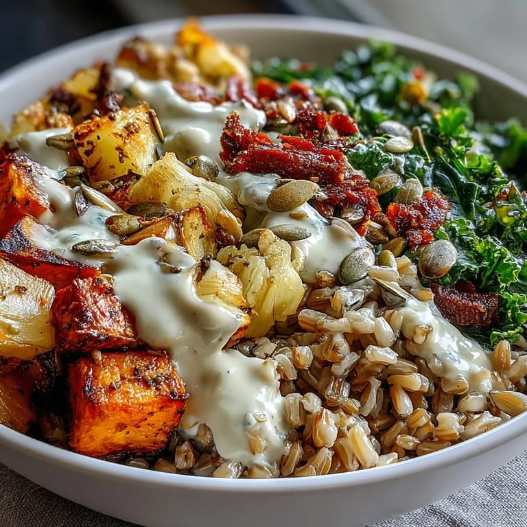 Forkful of Hearty Winter Grain Bowl featuring sautéed kale and quinoa, topped with pumpkin seeds and feta cheese.