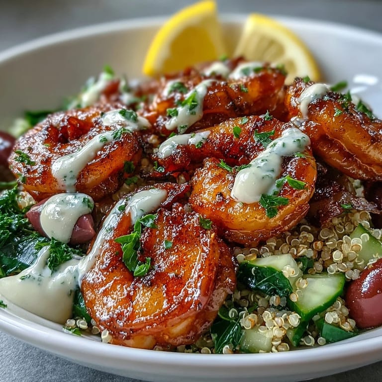 Spoon lifting a bite from a Mediterranean Shrimp Bowl featuring spinach, red onion, and a drizzle of tahini sauce.