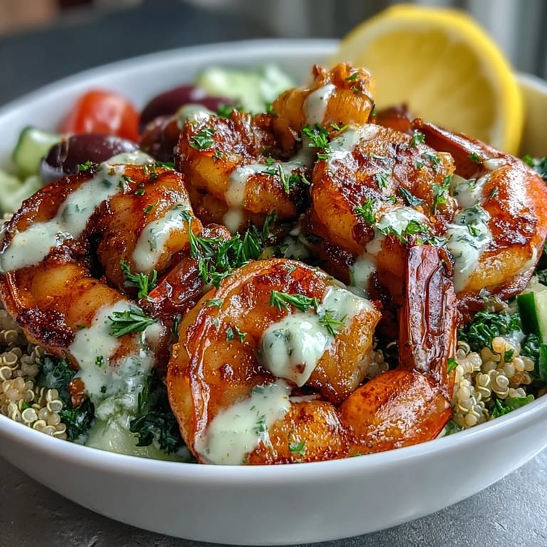 Overhead view of a vibrant Mediterranean Shrimp Bowl topped with fresh parsley and lemon wedges, served on a white plate.