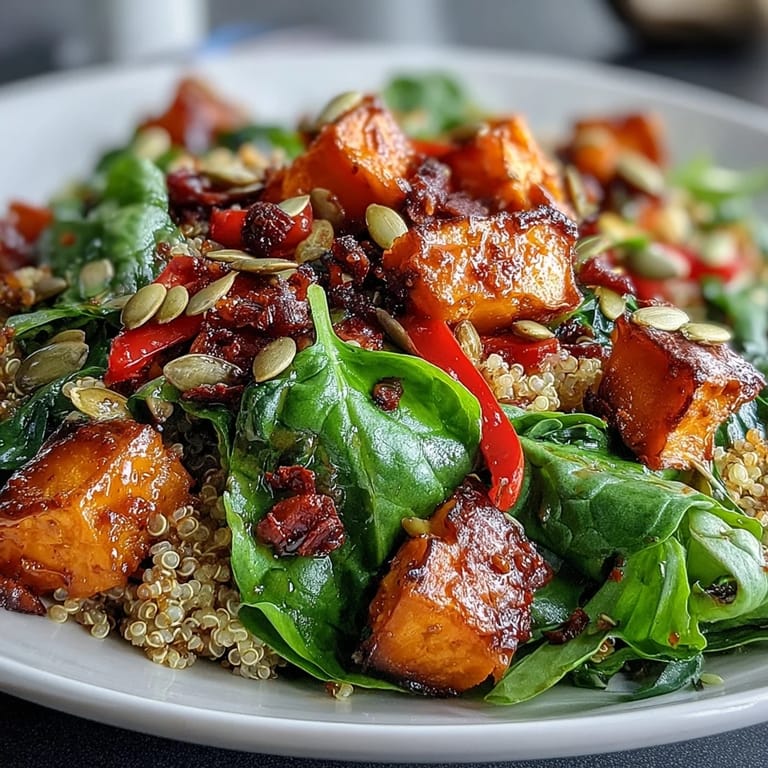 Savory roasted vegetables and feta cheese top this warm salad bowl, perfect for a cozy vegetarian dinner.