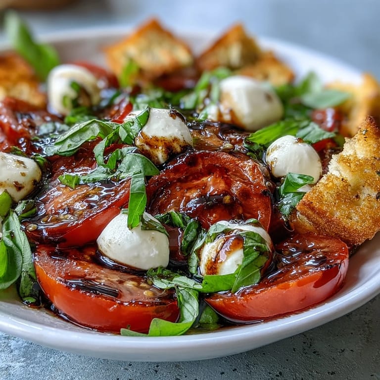 Heirloom tomatoes and mozzarella in a Caprese Salad Bowl, finished with crispy bread cubes and olive oil for a rustic finish.