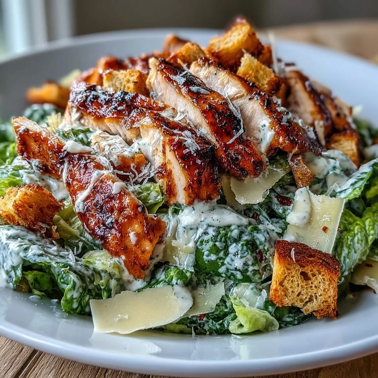 A freshly tossed Caesar Chicken Bowl topped with creamy dressing and golden croutons.
