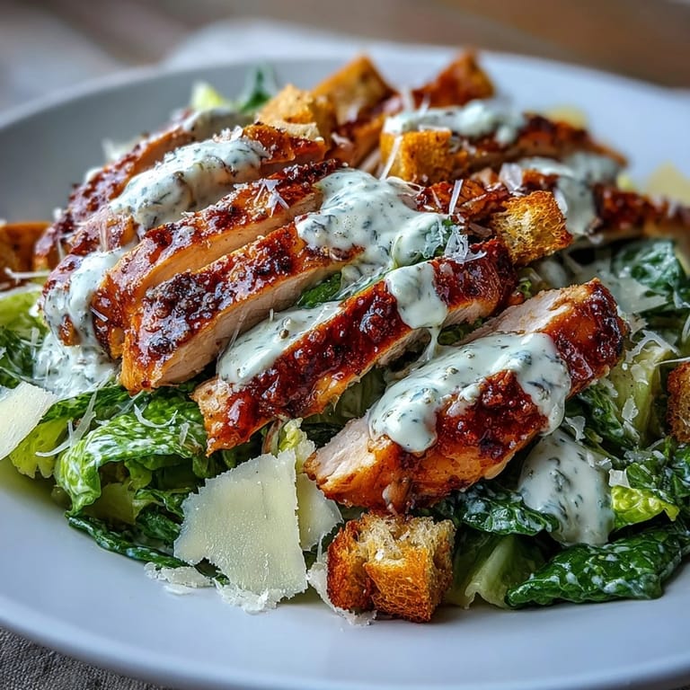 Close-up of a Caesar Chicken Bowl with sliced grilled chicken, parmesan, and vibrant lettuce.