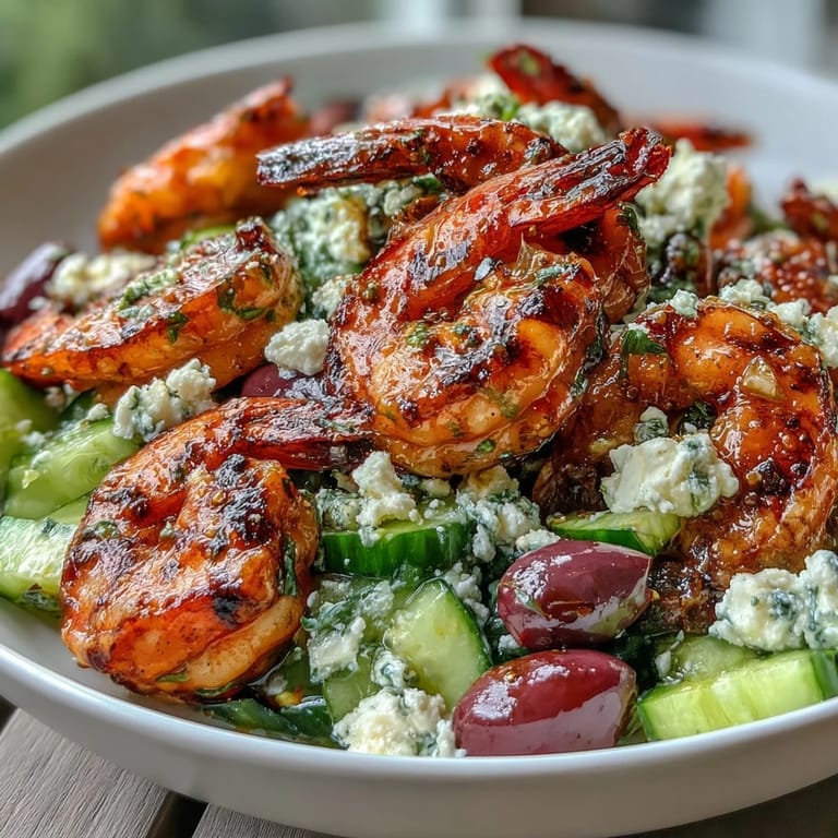 Colorful Greek Shrimp Bowl topped with briny Kalamata olives, creamy feta, and bright red tomatoes, served over fresh greens.