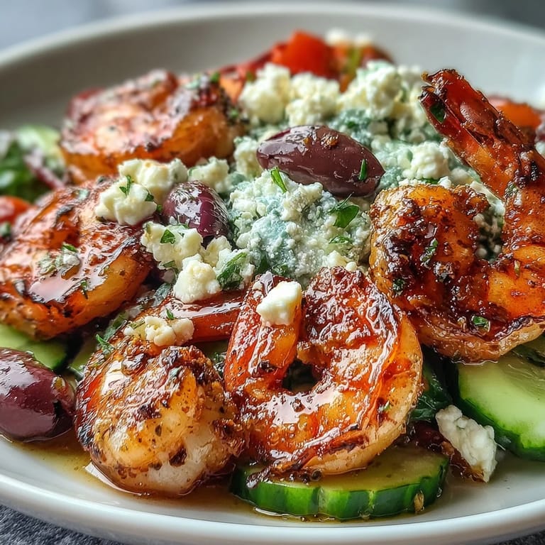 Sizzling charred shrimp on a Greek Shrimp Bowl garnished with crumbled feta and red onion, finished with a lemony dressing.