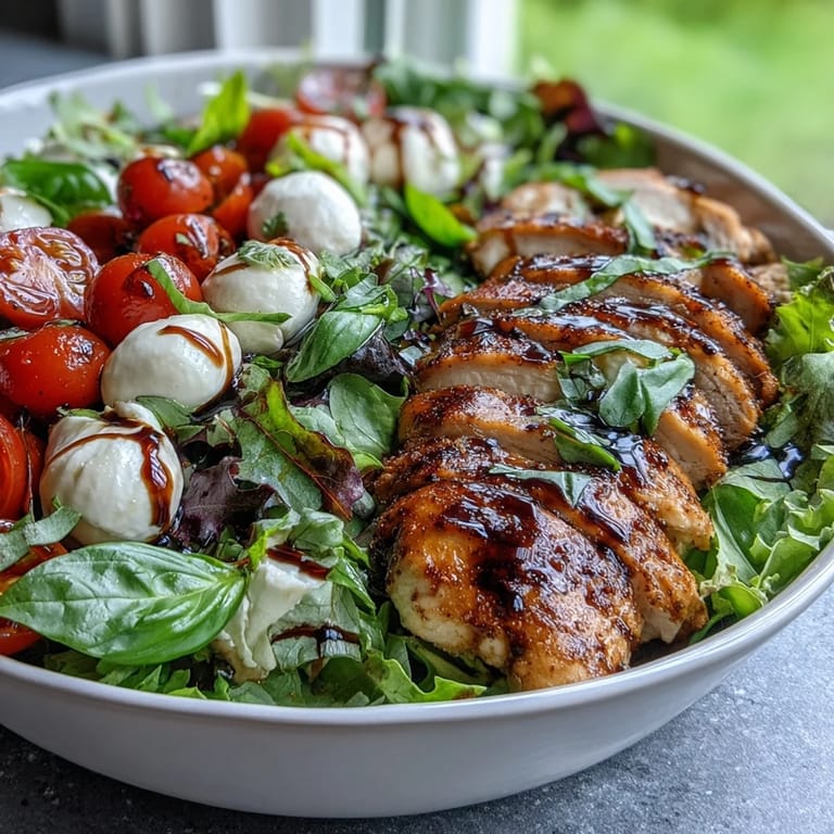 Tangy balsamic reduction drizzled over juicy grilled chicken and mozzarella in a Caprese Chicken Bowl.