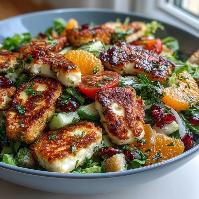 Serving suggestion for Halloumi Blood Orange Fattoush garnished with fresh herbs and sliced radishes on a rustic plate.