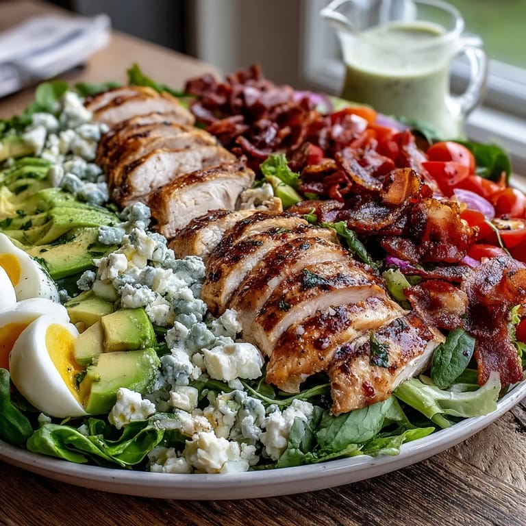 Hearty Cobb Salad Bowl featuring golden hard-boiled eggs, juicy diced tomatoes, and ranch dressing over crisp mixed greens.