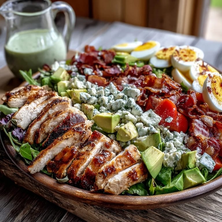 Colorful deconstructed Cobb Salad Bowl with neatly arranged chicken, bacon, avocado, and eggs, perfect for a gluten-free main dish.