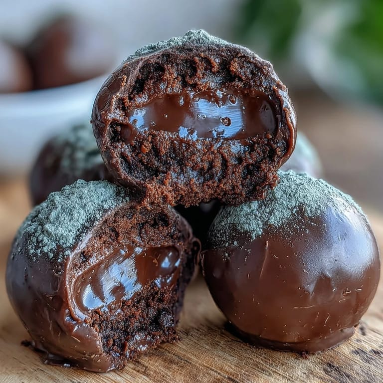 A hand holds a powdered Hojicha Truffle near a cup of steaming green tea; soft afternoon light highlights the rich ganache and delicate cocoa dusting.