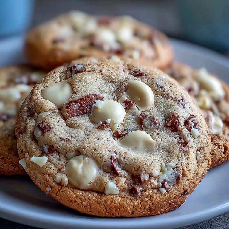 Stack of golden Hojicha White Chocolate Cookies showing a tender crumb and rich, tea-infused color next to a matcha latte.