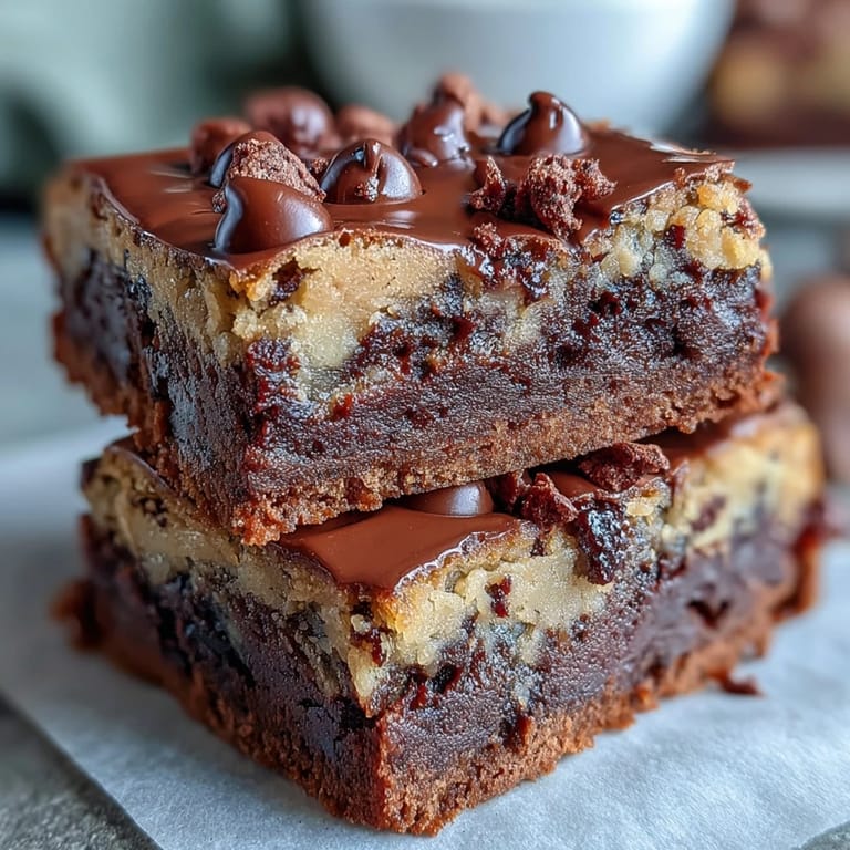 A close-up of Hojicha Brookies showing a gooey brownie base and cookie top studded with melted dark chocolate chips.
