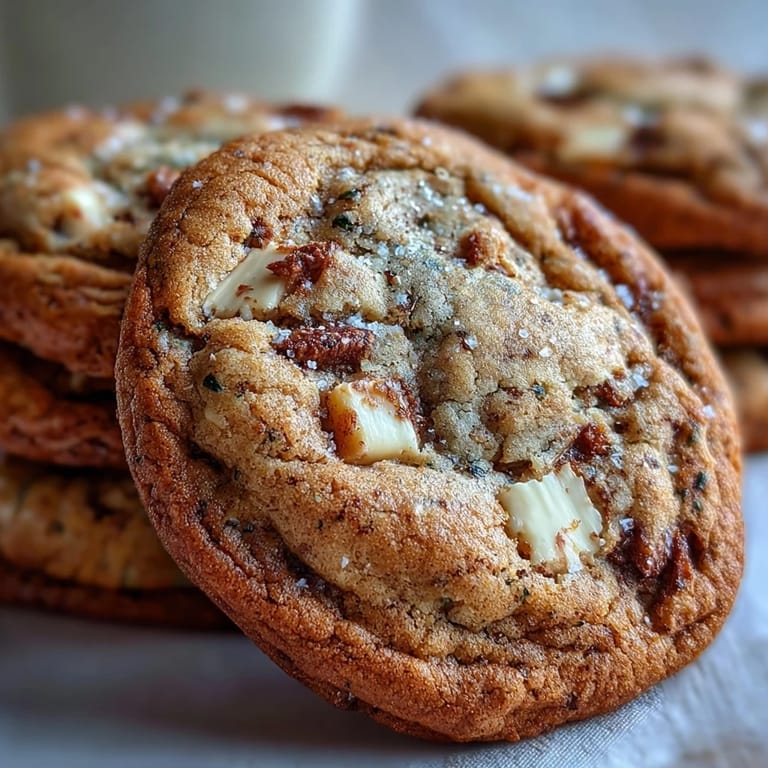 Close-up of a broken Brown Butter Hojicha & Earl Grey Cookie revealing a soft center with Earl Grey flecks and melted white chocolate.