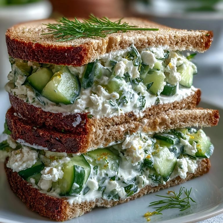 Two Easy Cucumber Salad Sandwiches on whole-grain bread, garnished with fresh dill and served beside a bowl of extra filling.