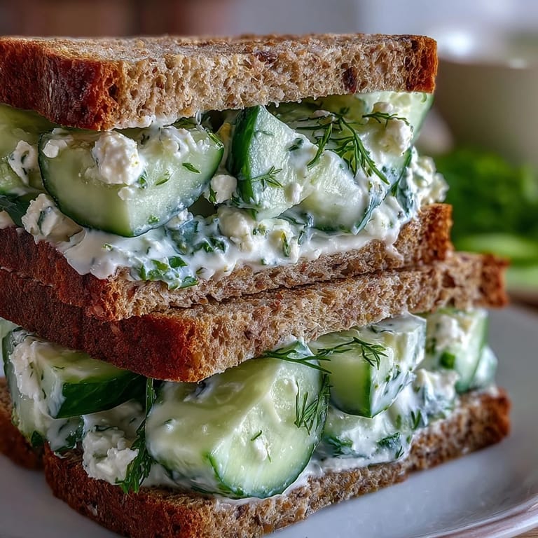 A close-up of an Easy Cucumber Salad Sandwich showing layers of crunchy alfalfa sprouts, tangy feta, and diced cucumber.