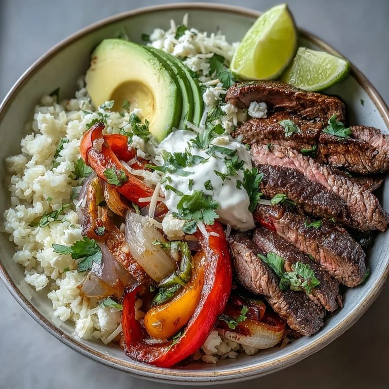 Sizzling Steak Fajita Bowl topped with colorful peppers, onions, and fresh avocado slices.