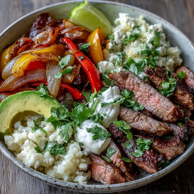 Family-style Steak Fajita Bowl garnished with cilantro, lime wedges, and melted cheese.