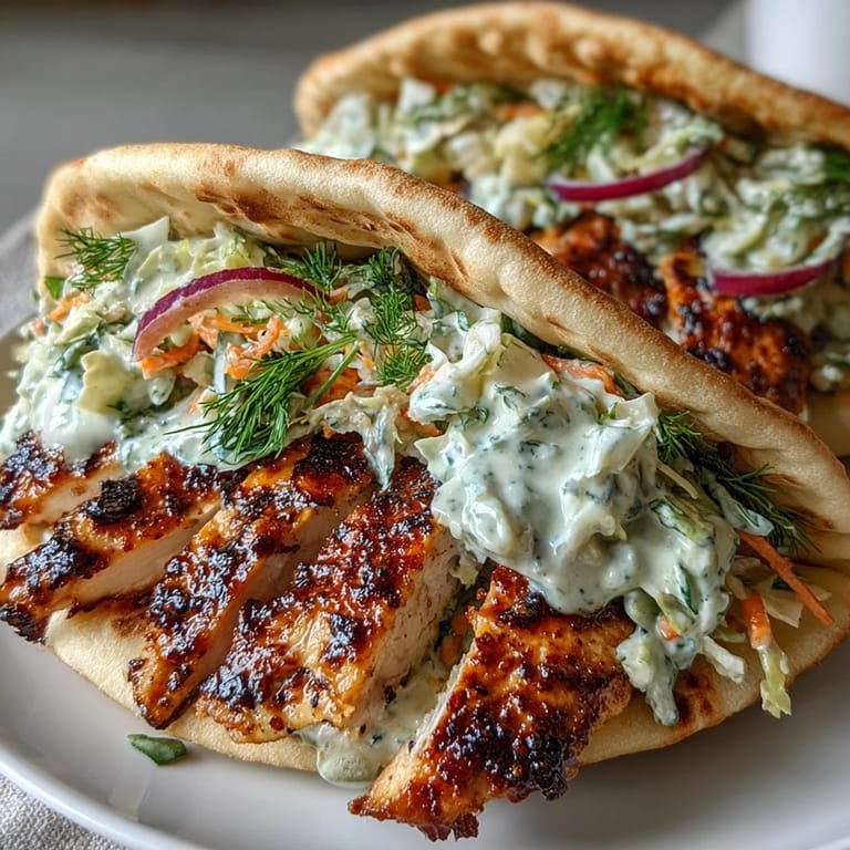 Freshly prepared Flavor-Packed Chicken Pitas stuffed with tender lemon-marinated chicken and a bright, cool ranch slaw, perfect for serving warm.