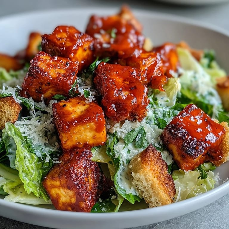 Freshly grated Parmesan and romaine lettuce create a vibrant base for this hearty Crispy Buffalo Tofu meal.