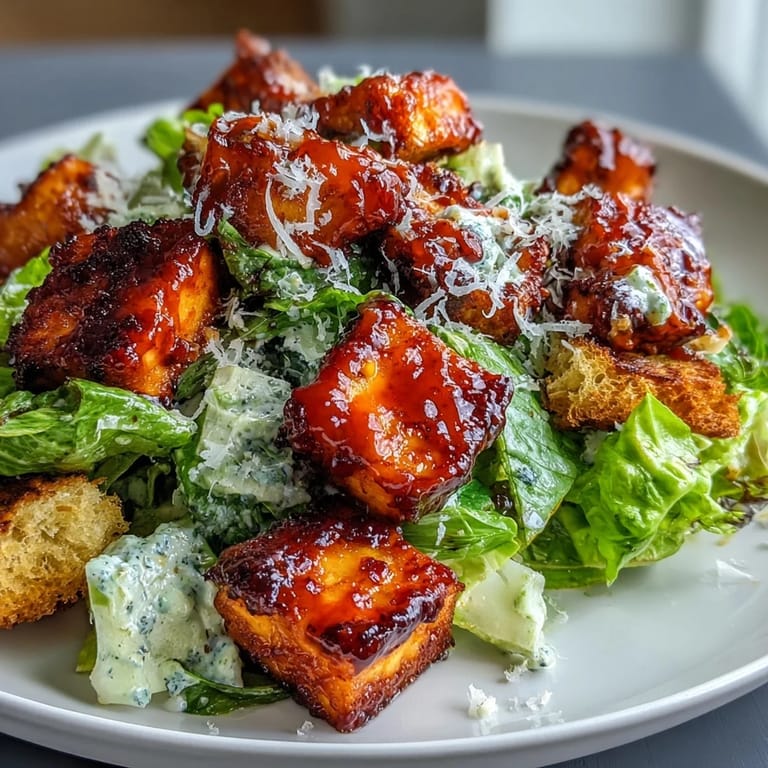 A close-up of juicy, golden tofu coated in zesty buffalo sauce, served with creamy Caesar salad.