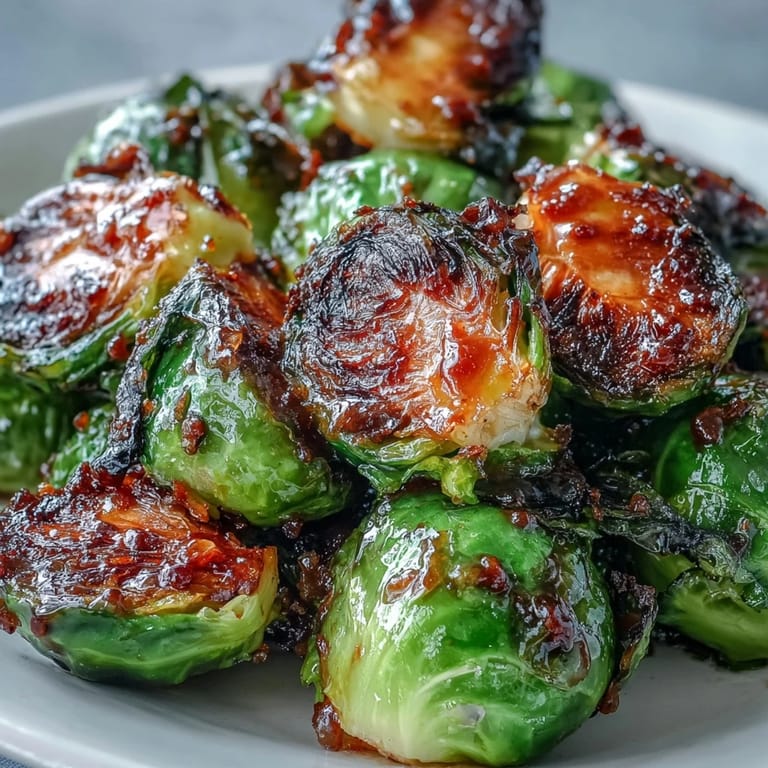 Golden brown Irresistible Orange Maple Glazed Brussels Sprouts piled high on a white plate, ready to serve.