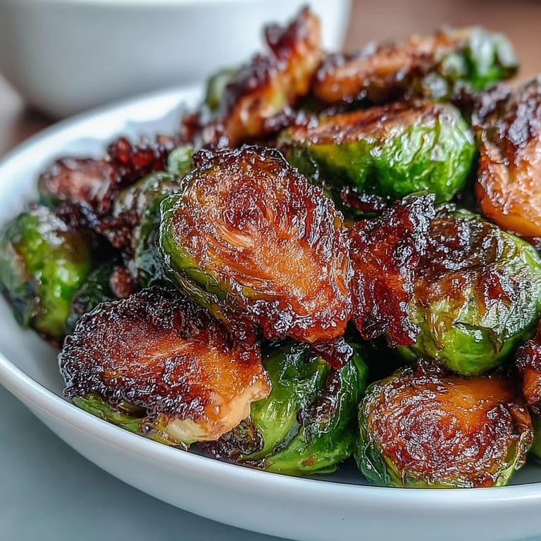 A close-up of Irresistible Orange Maple Glazed Brussels Sprouts showing tender green centers and sticky maple coating.