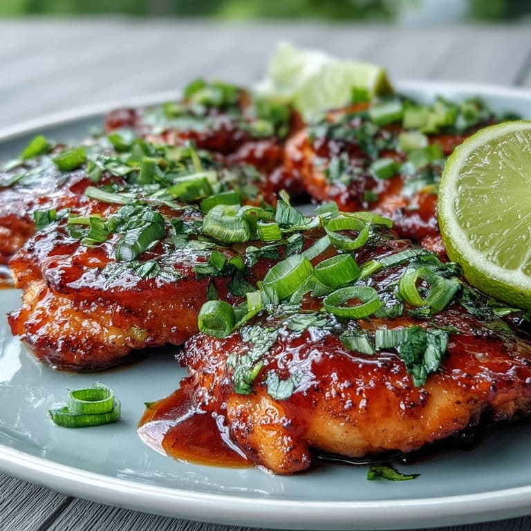 Sliced Thai Sweet Chili Chicken on a plate, garnished with green onions and lime, showcasing juicy, tender meat.