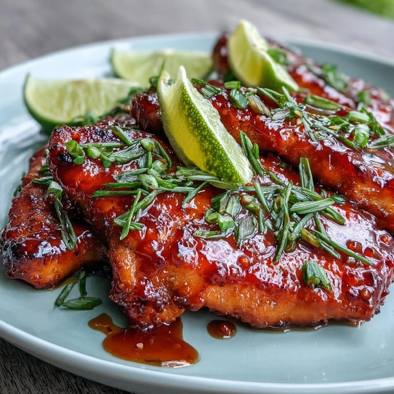 Pressure-cooked Thai Sweet Chili Chicken in a skillet, coated in vibrant red-orange sauce ready for dinner.