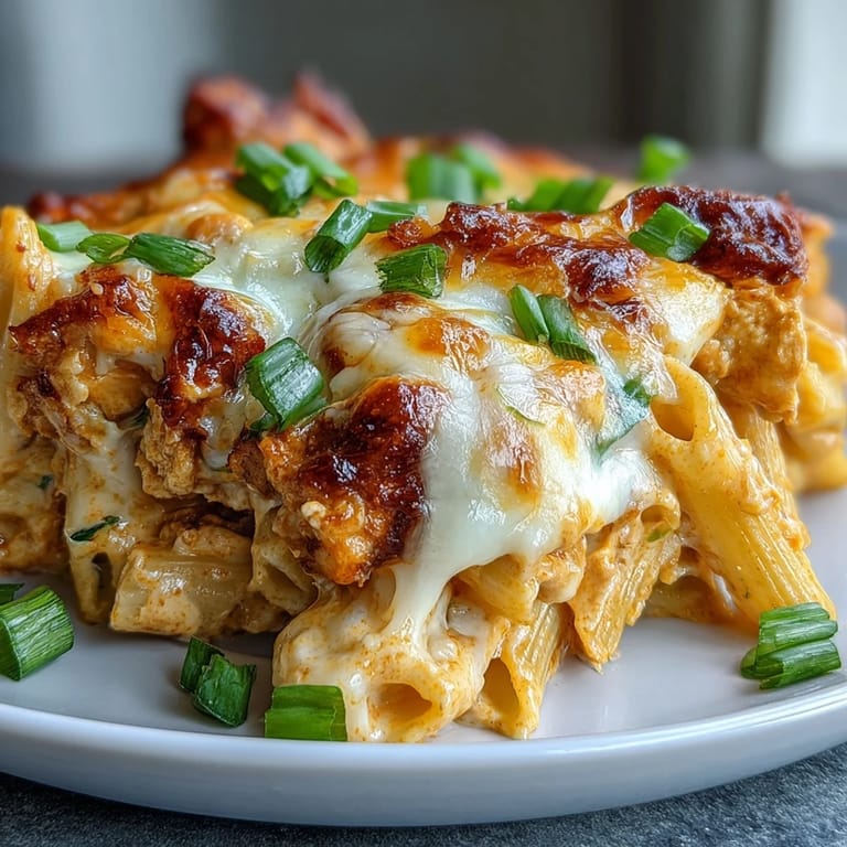 Steaming, fork-tender Creamy Buffalo Ranch Chicken Pasta Bake with gooey mozzarella and cheddar melting over penne.