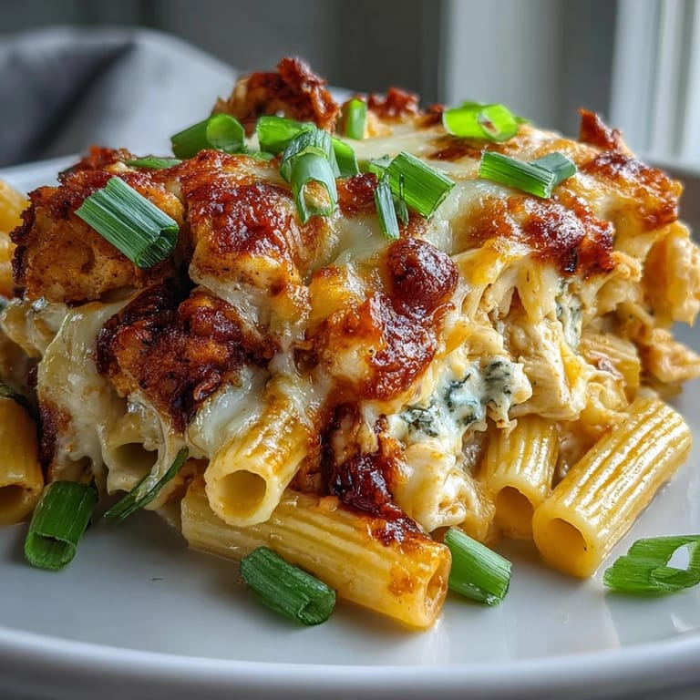 A generous scoop of Creamy Buffalo Ranch Chicken Pasta Bake on a plate with extra ranch drizzle.