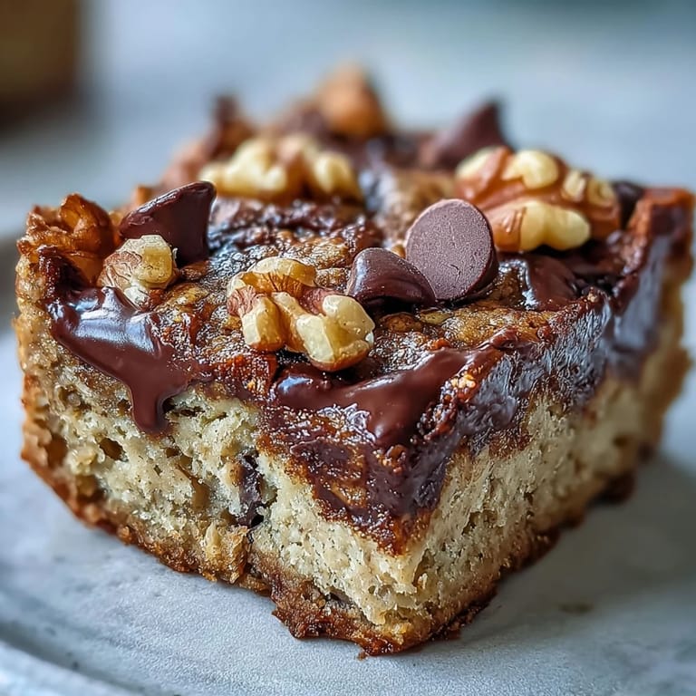 A close-up of Chunky Monkey Protein Baked Oat Bars showing a moist texture, layered with banana and peanut butter.