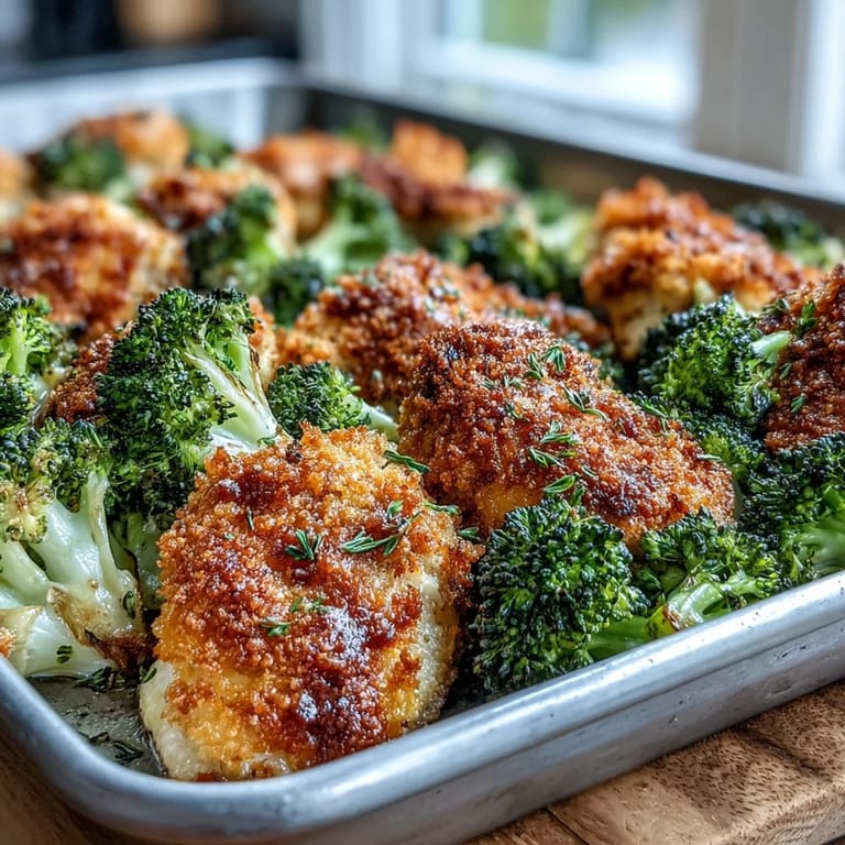 Roasted broccoli florets and juicy chicken breasts topped with savory Parmesan breadcrumbs.