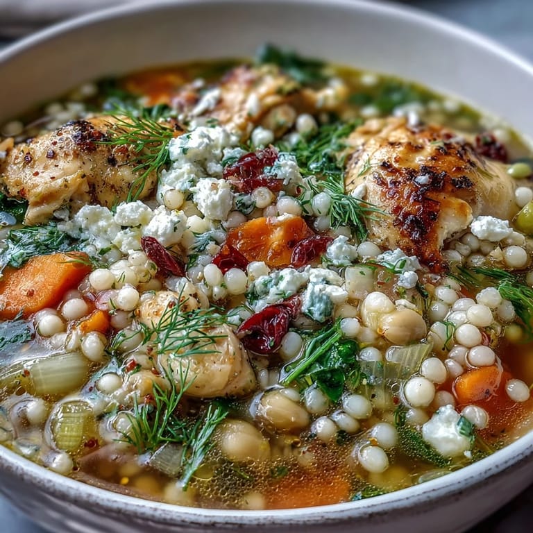 Serving of Greek Chicken & Pearl Couscous Soup in a white bowl, featuring tender chicken pieces, hearty pearl couscous, and a bright lemon zest garnish.