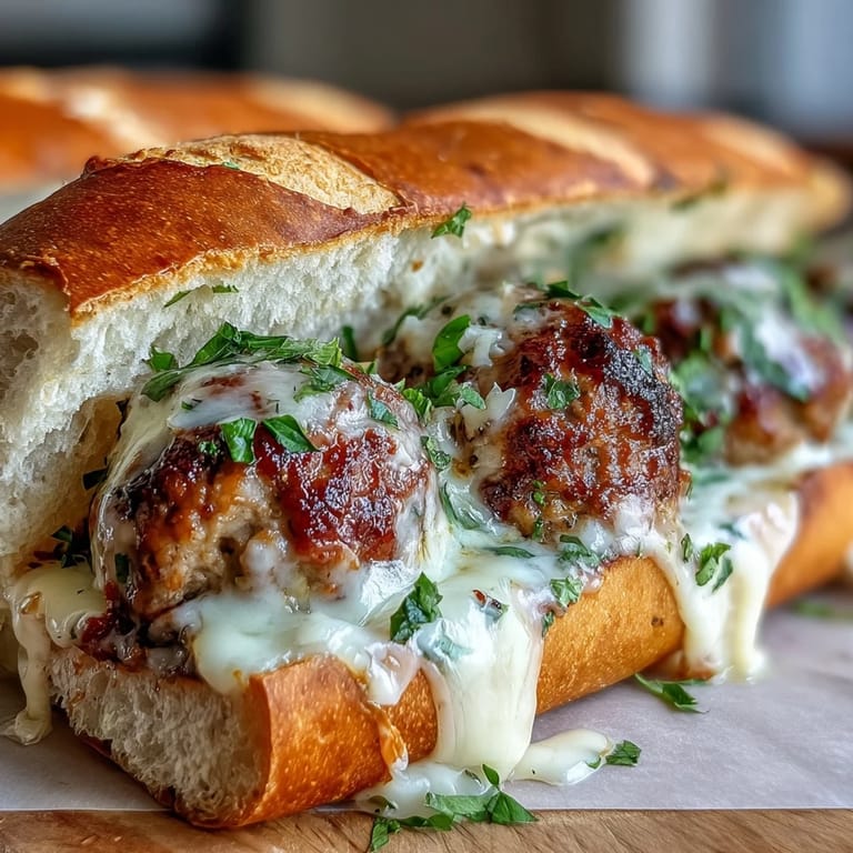 Toasted hoagie rolls stuffed with saucy Garlic Parmesan Turkey Meatball Subs, garnished with fresh parsley on a plate.