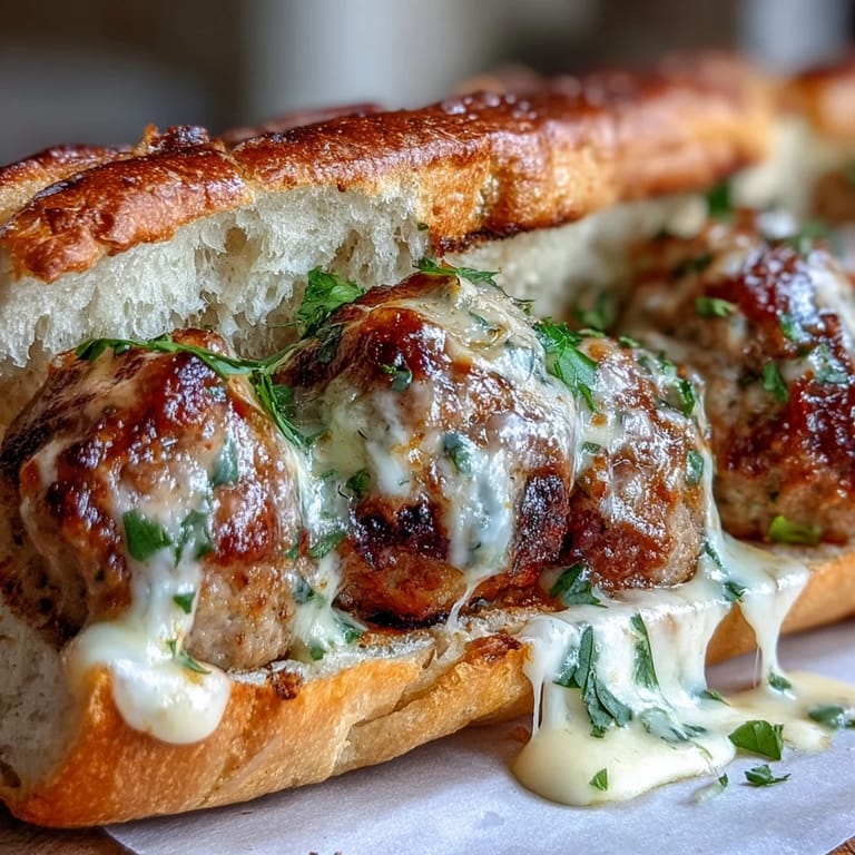 Broiled Garlic Parmesan Turkey Meatball Subs with melted mozzarella bubbling over the edges of a crusty roll.
