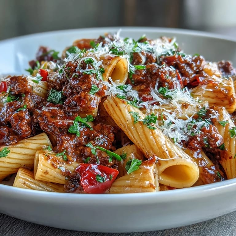 Fork twirls through One-Pot Creamy Red Wine Sausage Pasta, highlighting al dente noodles in a creamy tomato sauce, served with melted Parmesan and fresh basil garnish.