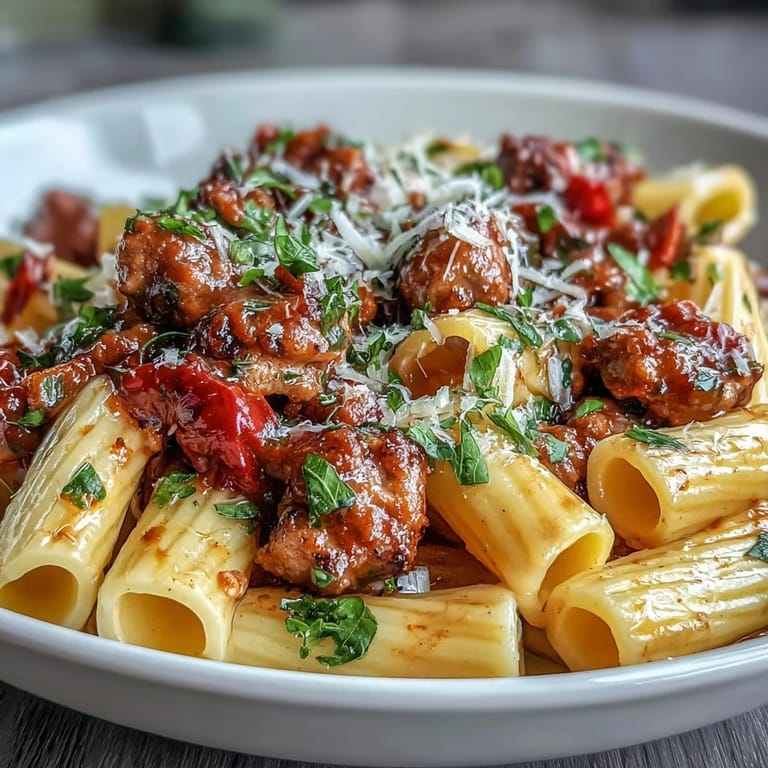 Close-up of One-Pot Creamy Red Wine Sausage Pasta in a Dutch oven, showing vibrant red sauce, sausage pieces, and pasta ready to serve for a cozy family dinner.