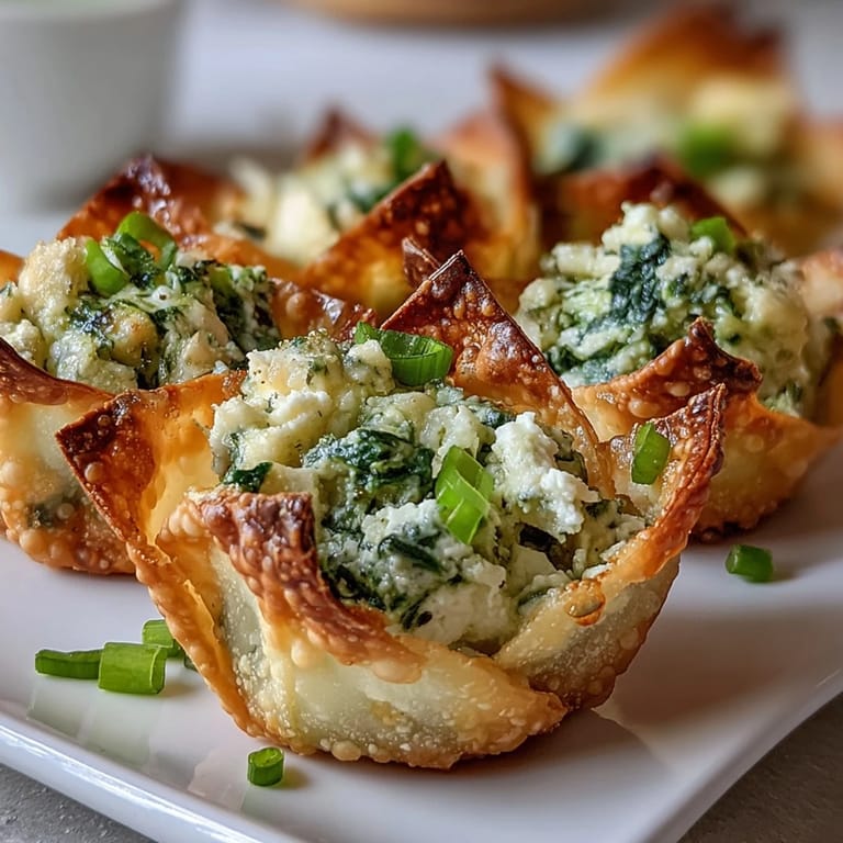 Golden Crispy Spinach Feta Wonton Cups sit on a platter, showcasing golden edges and a savory spinach-feta filling, perfect for party snacking.
