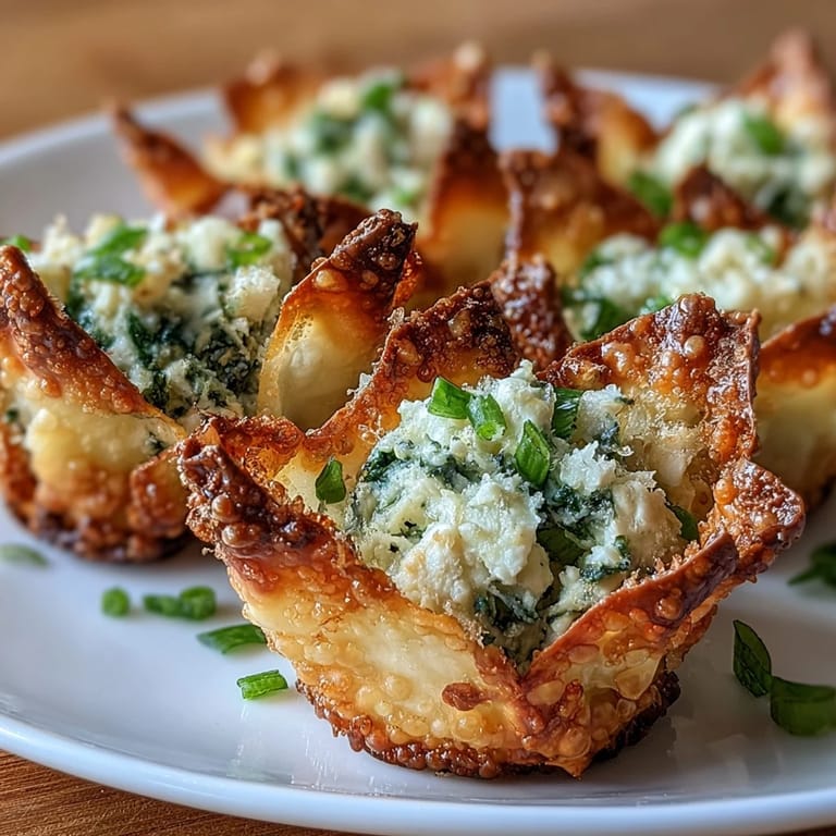 A close-up of Crispy Spinach Feta Wonton Cups reveals crisp wonton shells and a vibrant green, creamy spinach and feta filling, ready to serve.