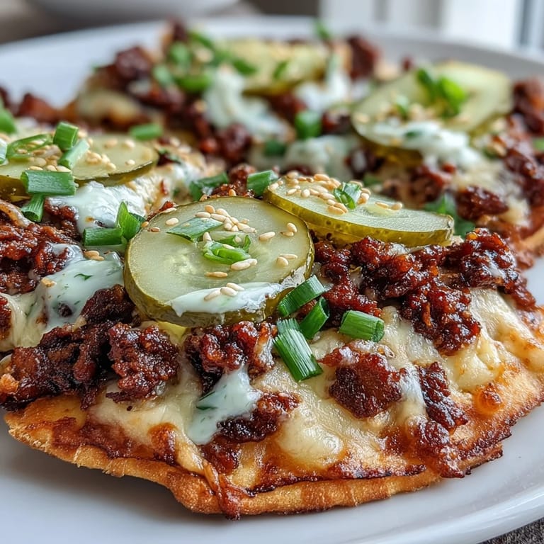 Close-up of a cheesy, savory Cheeseburger Garlic Naan Pizza slice being lifted, revealing juicy beef and melted cheddar on a garlic-scented base.
