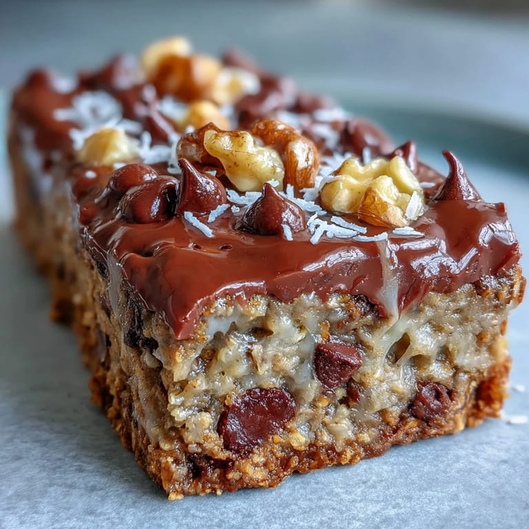 Warm Chunky Monkey Protein Baked Oat Bars served with a tall glass of almond milk.