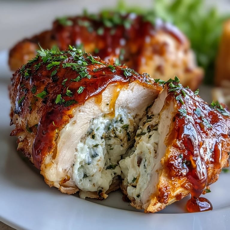 Herb-flecked ricotta oozes from a sliced piece of Hot Honey Ricotta Stuffed Chicken, showcasing the tender meat and sticky, sweet-spicy glaze drizzling down.