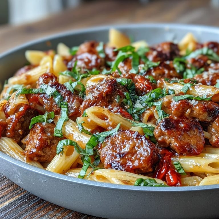 Steaming One-Pot Creamy Red Wine Sausage Pasta with red bell peppers and parmesan.
