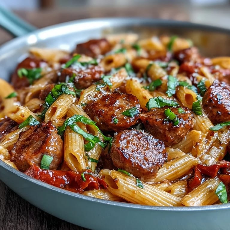 Rich One-Pot Creamy Red Wine Sausage Pasta paired with a glass of red wine.