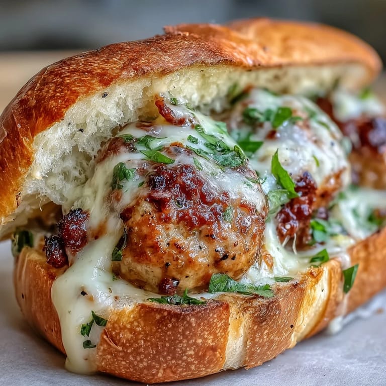 Toasted sub rolls filled with saucy turkey meatballs and garnished with fresh parsley.
