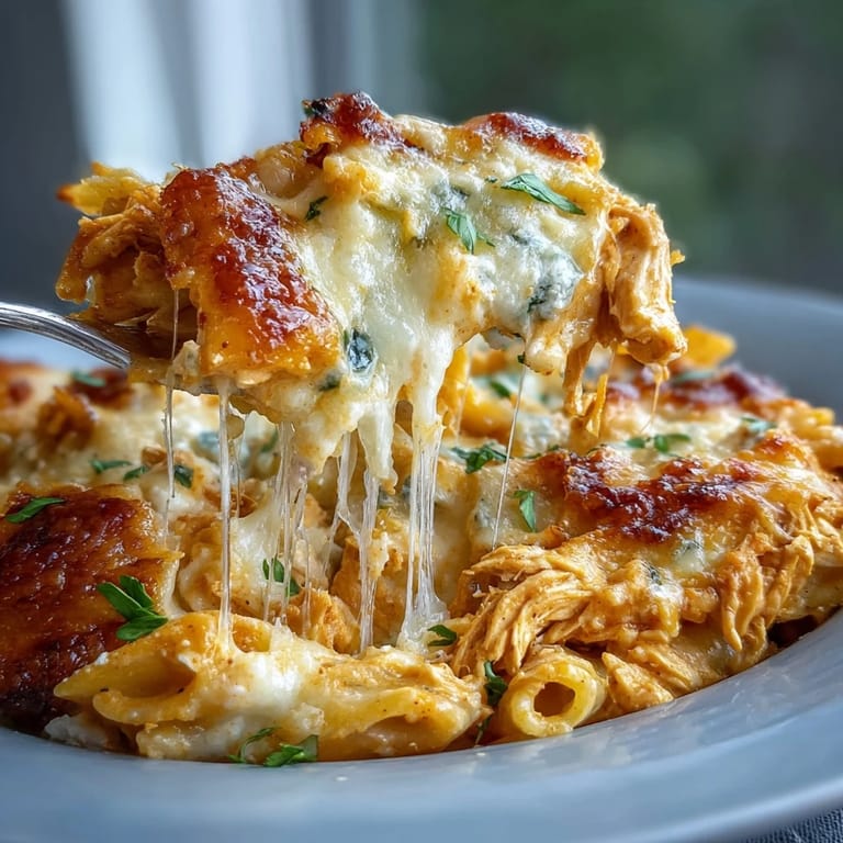A golden, bubbling Creamy Buffalo Ranch Chicken Pasta Bake sits in a baking dish.