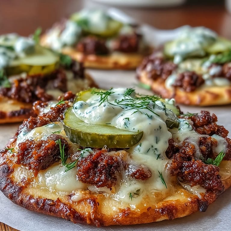 Mini Cheeseburger Garlic Naan Pizzas topped with tangy pickles and fresh chives, ready to be enjoyed.